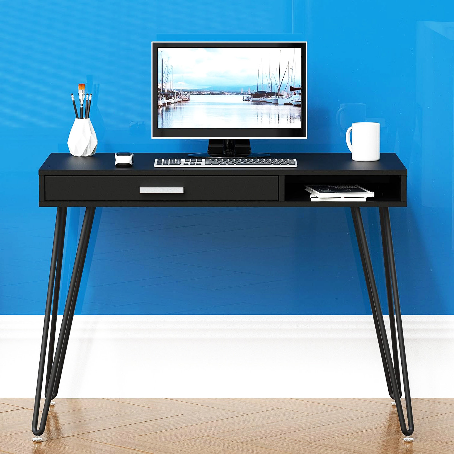 Hairpin leg desk with drawers discount